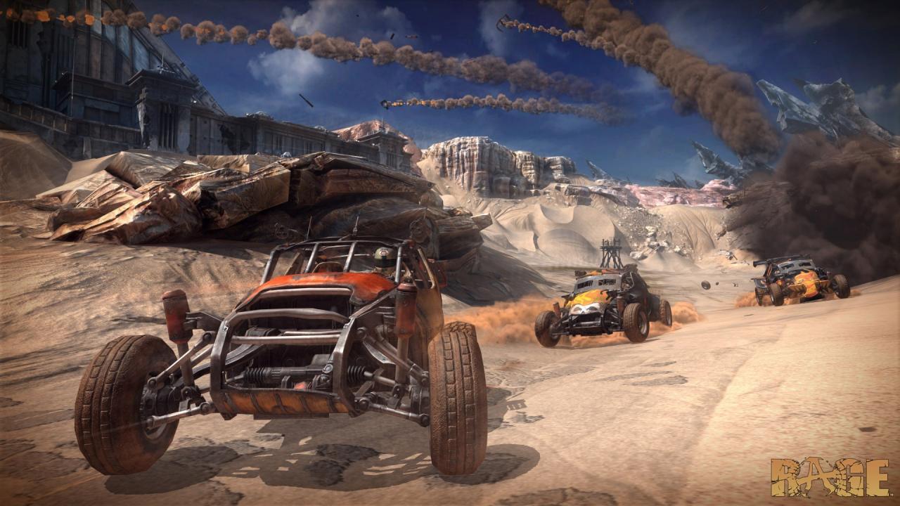 [21/08/2009] (2011) id Software möchte mit dem Ego-Shooter Rage neue Impulse setzen. Ein schneller Abzugsfinger ist gefragt, ganz klar. Aber auch ein Bleifuss verlängert das Überleben erheblich. Denn in Rage tragen Sie von Zeit zu Zeit mit schwer bewaffneten Karren mordsgefährliche Rennen über Staub und Sand aus.