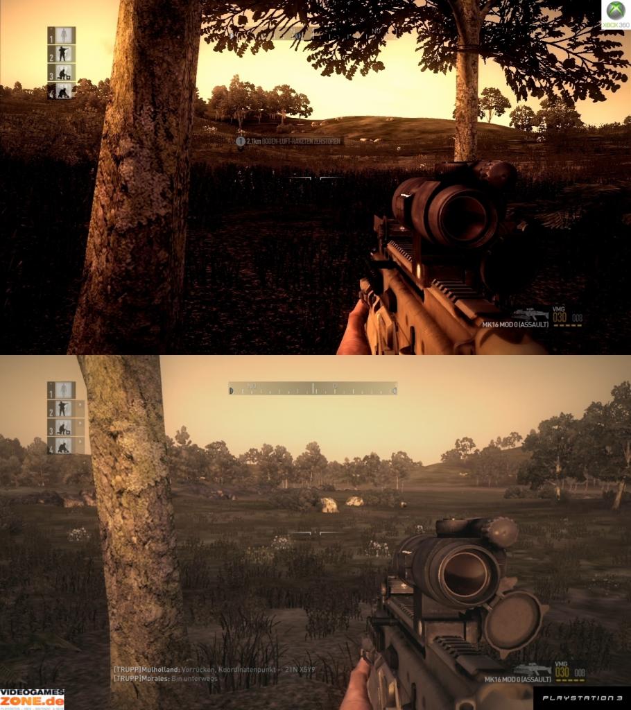 [13/10/2009] Screenshot-Vergleich zwischen PS3- und Xbox-360-Version von Operation Flashpoint 2 - nein, in der PS3-Version fehlt kein Baum. Vielmehr stehen auf diesem Bild die Baum-Textur-Unterschiede zwischen den beiden Spielen im Mittelpunkt. Hier nehmen sich aber beide Spiele nicht viel.