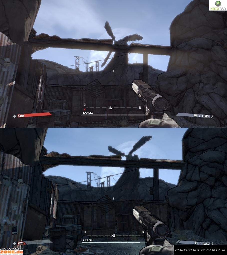 [27/10/2009] Borderlands im Grafik-Vergleich. Oben: Xbox 360; unten PS3-Version. (5)