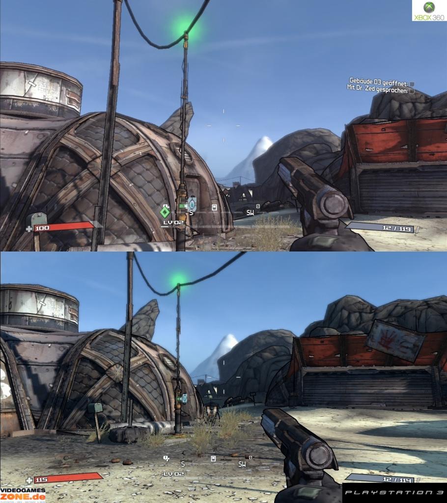 [27/10/2009] Borderlands im Grafik-Vergleich. Oben: Xbox 360; unten PS3-Version. (6)