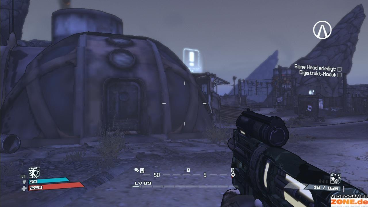 [22/10/2009] Borderlands lädt Texturen erst nach und nach ins Spiel. Startet ihr neu, sieht die Umgebung erst einmal so verwaschen auf wie in diesem Bild. 