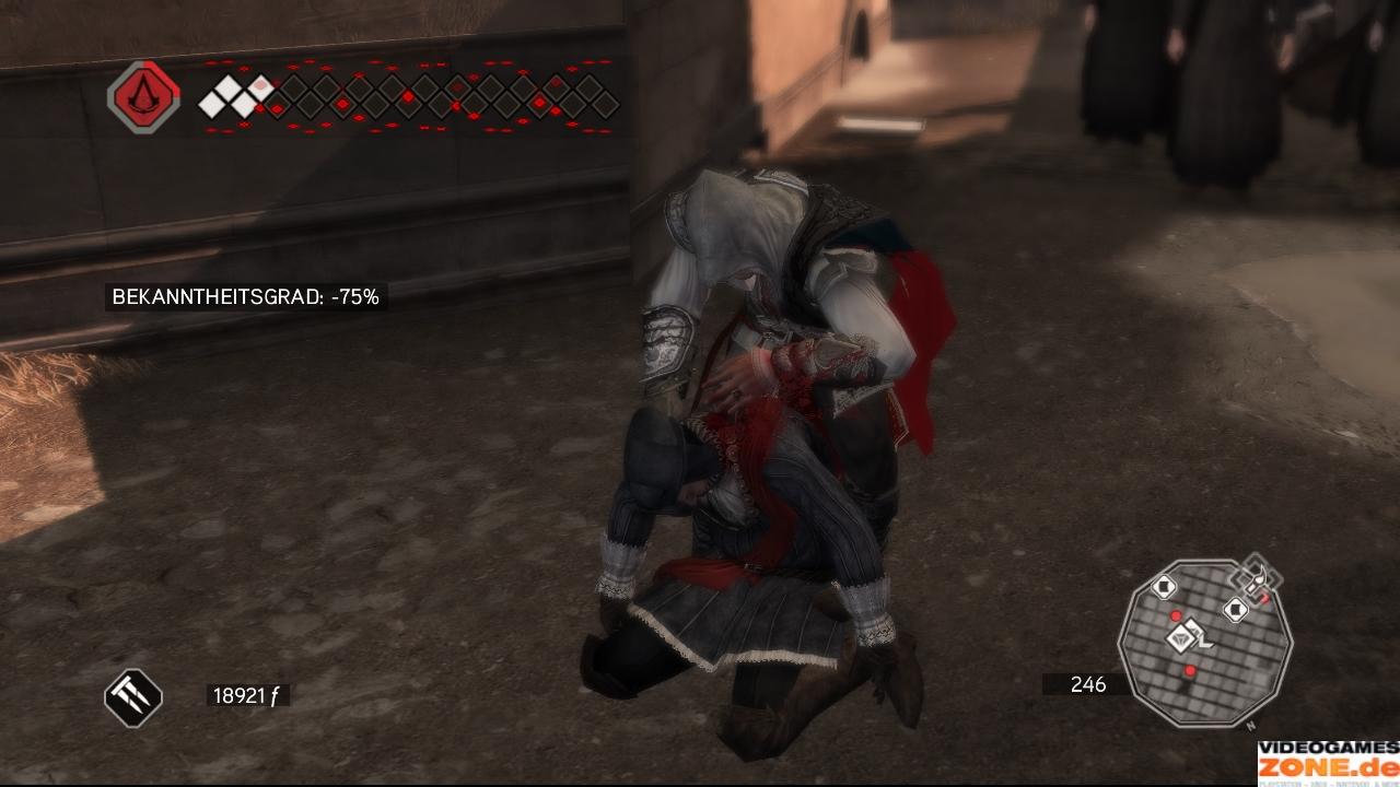 [18/11/2009] Bevor Ezio die Stadt verlassen kann, muss er seinen Bekanntheitsgrad senken. Zu diesem Zweck können Sie Fahndungsplakate herunterreißen, Ausrufer bestechen oder korrupte Beamte eliminieren, bis der Fahndungslevel bei null liegt.