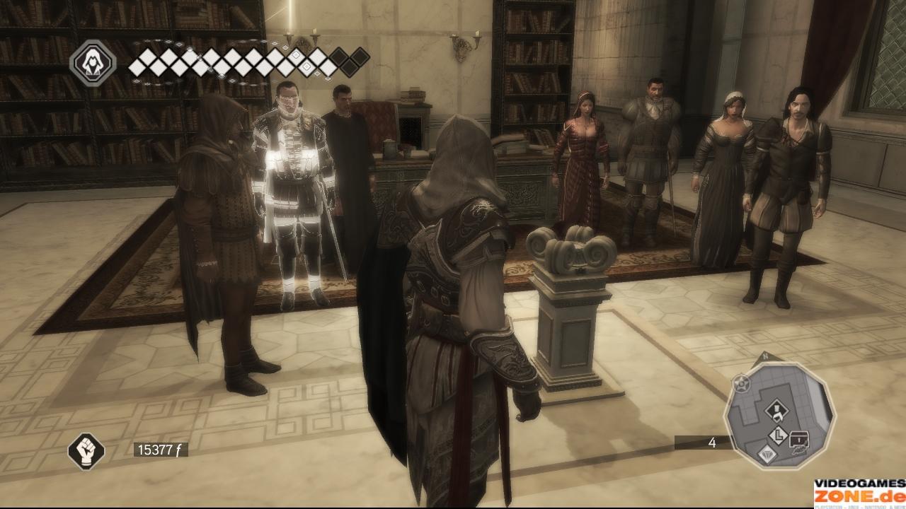[18/11/2009] Nach der kurzen Zwischensequenz finden wir uns als Ezio Jahre später in der Villa wieder. Um die Bibliothek von Onkel Mario betreten zu können, müsst ihr alle 30 Kodex-Seiten gefunden und entschlüssel haben. Die Standorte der Seiten findet ihr auf unseren Karten.