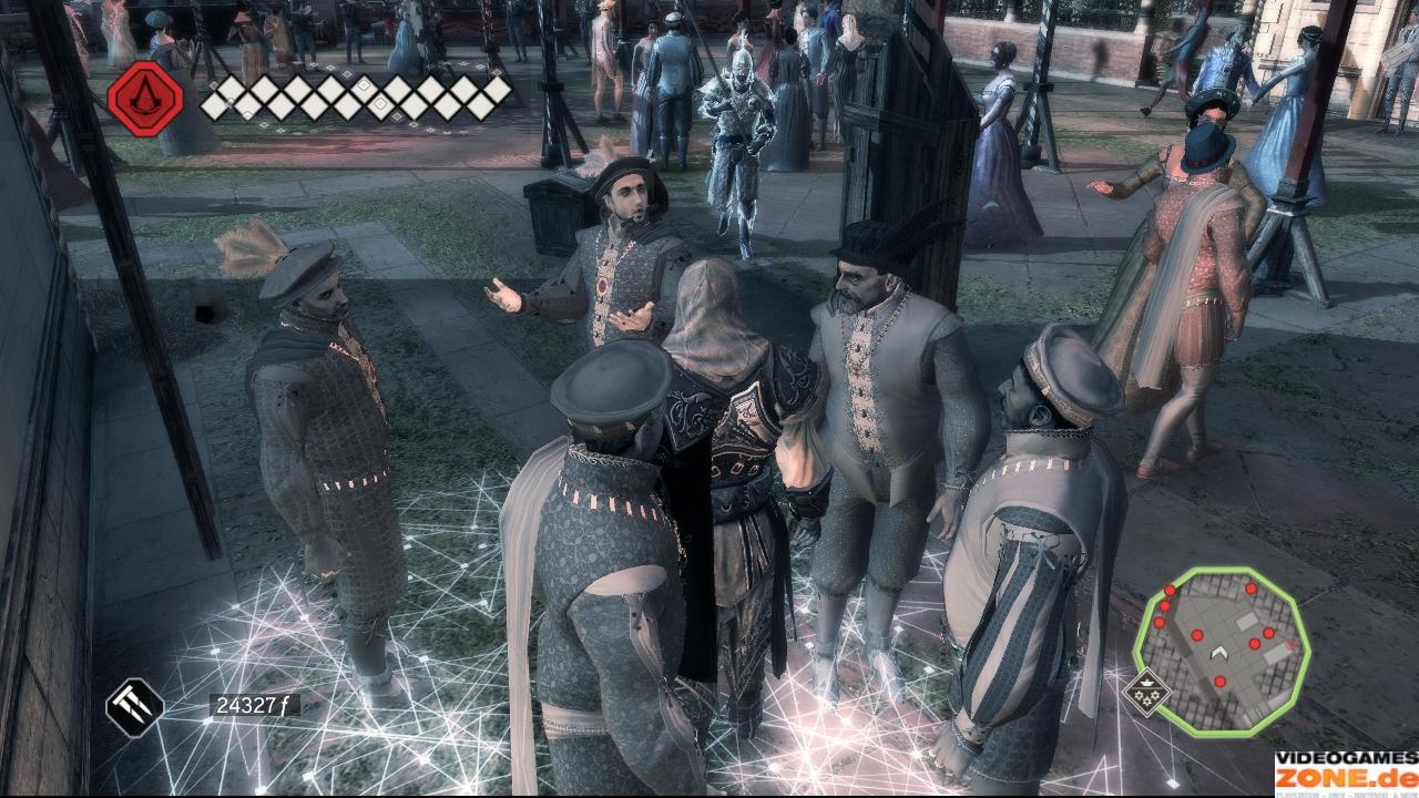 [18/11/2009] Weiter geht es auf dem Karnevalsfest, dessen Position auf der Karte vermerkt ist. Nach der Zwischensequenz beginnen Wachen damit, die Menge nach Ezio zu durchsuchen. Um unentdeckt zu bleiben, taucht ihr zwischen den Partygästen unter.
