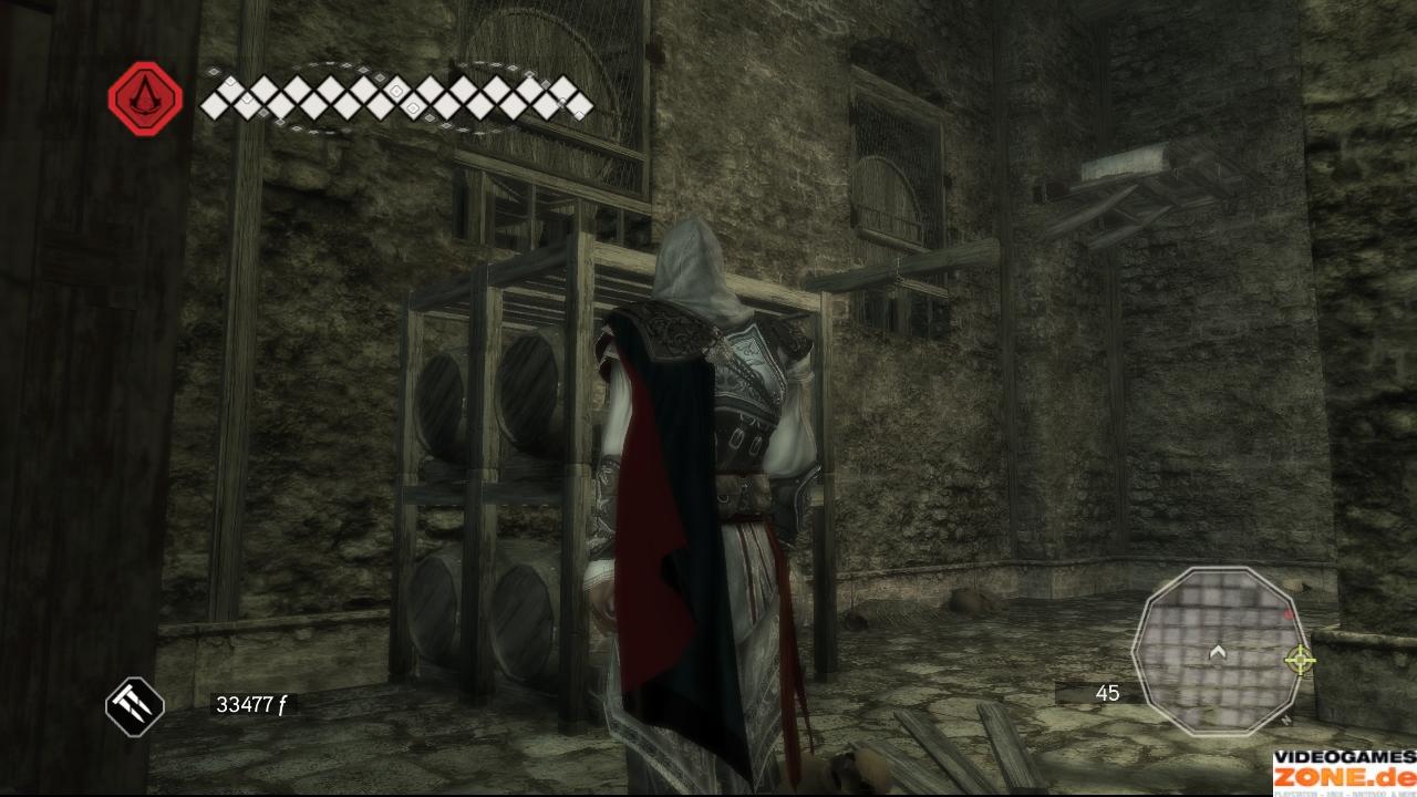 [18/11/2009] Ihr findet den Eingang zum Grab in einer Seitengasse östlich der Kirche. Springt im Gewölbe ins Wasser, klettert auf der linken Seite die Steine hinauf zum Tor und legt den Schalter um. Im Weinkeller tötet ihr die Wachen und erklimmt an der abgebildeten Stelle die Weinfässer.