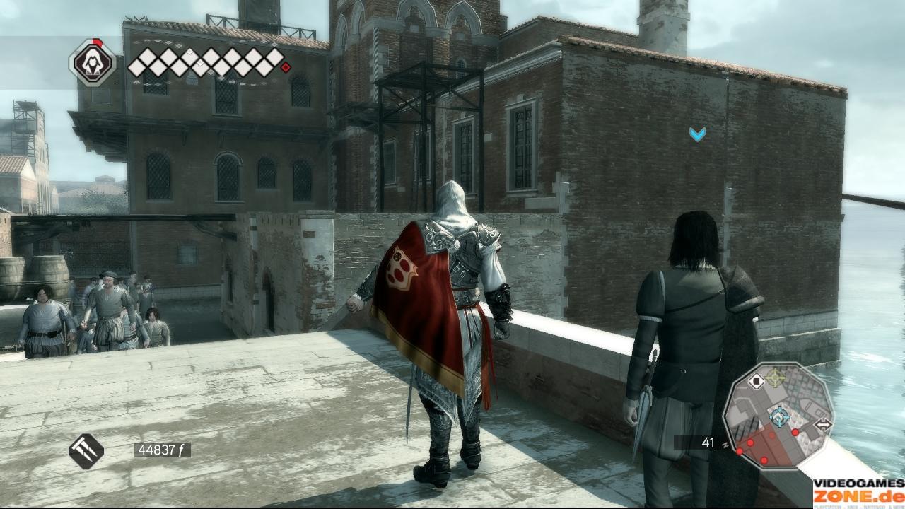 [18/11/2009] Besucht Antonio in seiner neuen Residenz und eskortiert ihn zum Palazzo Ducale. Nachdem ihr euch das Haupttor angesehen habt, begebt ihr euch nach Süden zu dem grün markierten Turm. Klettert wie angezeigt auf das Gebäude daneben und dann bis zur Turmspitze.