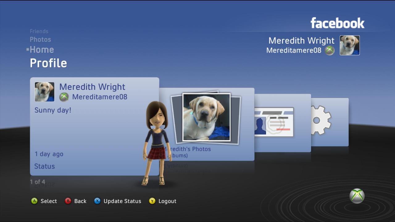 [13/11/2009] Facebook-Client für Xbox 360: Euren Fcebook-Status aktualisiert ihr mit einem sehr abgespeckten Client.