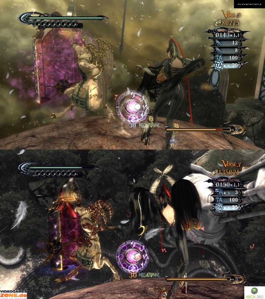 [18/12/2009] Bayonetta Grafik-Vergleich zwischen PS3-(oben) und Xbox-360-Version (unten). (2)