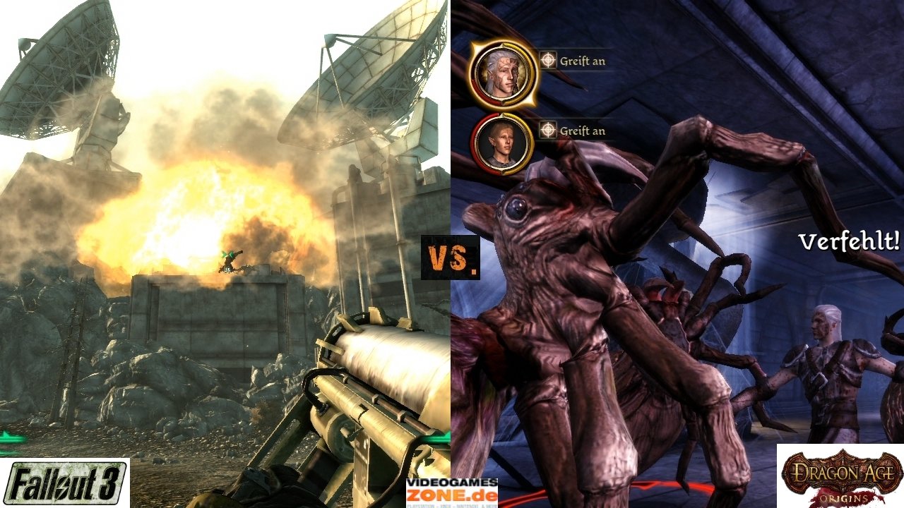 [10/12/2009] Fallout 3 vs. Dragon Age Origins - Unser Sieger: Fallout 3 - Fette Apokalypse gegen Fantasy-RPG ... Die Apokalypse hat die Fatman-Knarre, das langt!