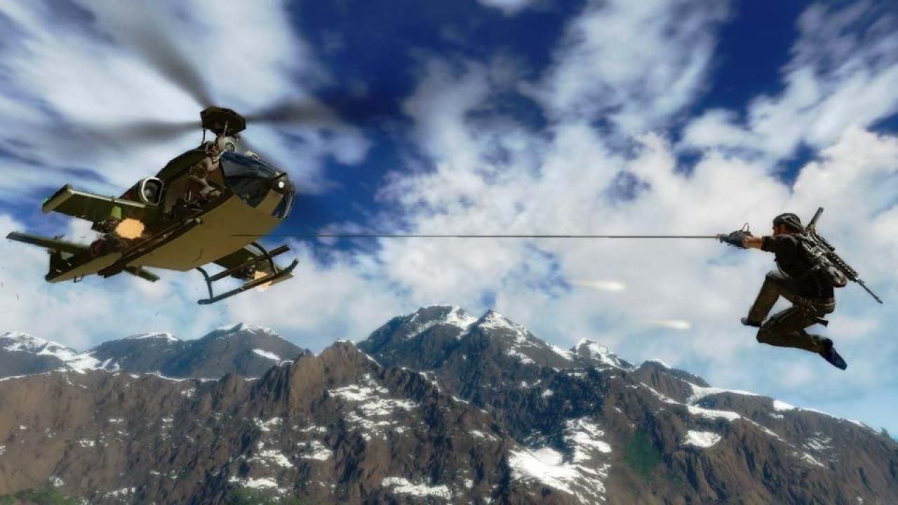 [20/12/2009] Solche spetakulären Stunts sind in Just Cause 2 nur dank des coolen Greifhakens möglich. 