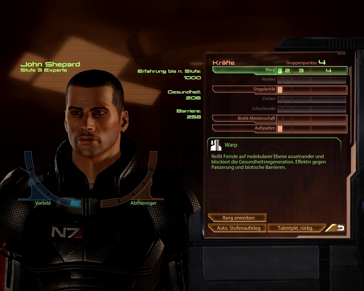 [22/01/2010] Pro Talent gibt's nur vier Ausbaustufen, auf der höchsten wählt man eine von zwei Spezialisierungen. Das war's - mehr Charakterausbau genießt man leider nicht in Mass Effect 2.