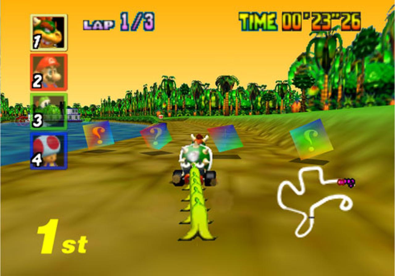 [15/01/2010] Der Spukpfad in Super Mario 64 ist eine von den Rennstrecken, die ihren Fahrern noch lange zeit im Gedächtnis bleibt. Scharfe Kurven, eine extrem enge und von Löchern durchsetzte Fahrbahn und Fledermäuse, die einen am liebsten in den Abgrund geschoben haben. Bei kaum einer anderen Strecke stürzten wir so oft in die unheimliche Leere unter der Fahrbahn, wie hier.