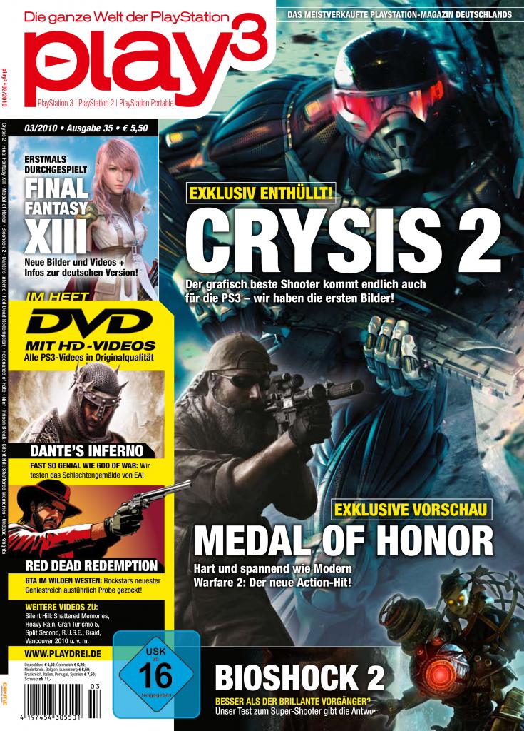 [30/01/2010] Die neue play3 03/10 widmet sich unter anderem dem Grafikkracher Crysis 2 und testet Bioshock 2.