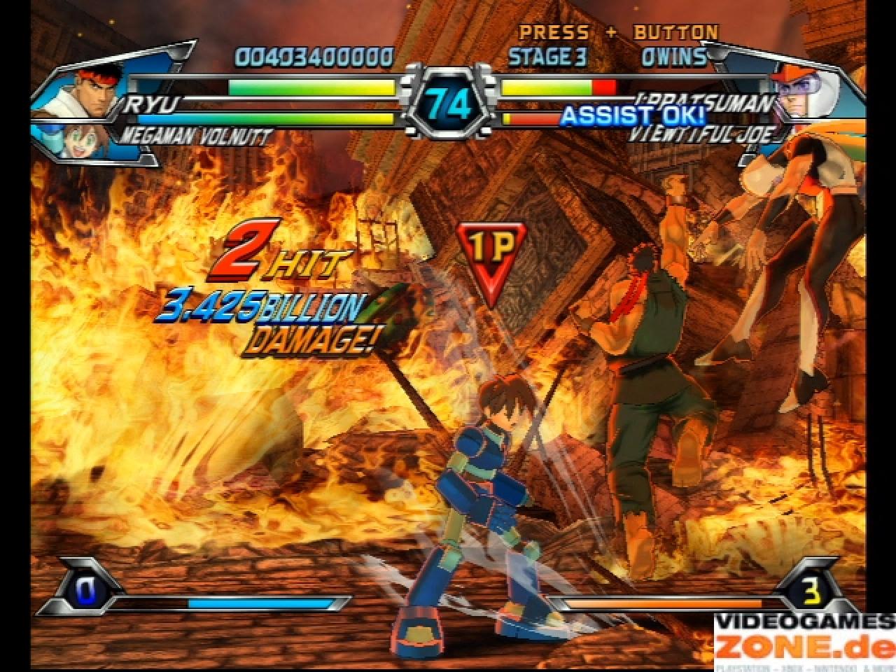 [29/01/2010] Team-Move: Besonders spektakulär wird’s, wenn ihr eure Kämpfer Team-Attacken ausführen lasst. Hier schlagen Mega Man und Ryu gemeinsam zu.