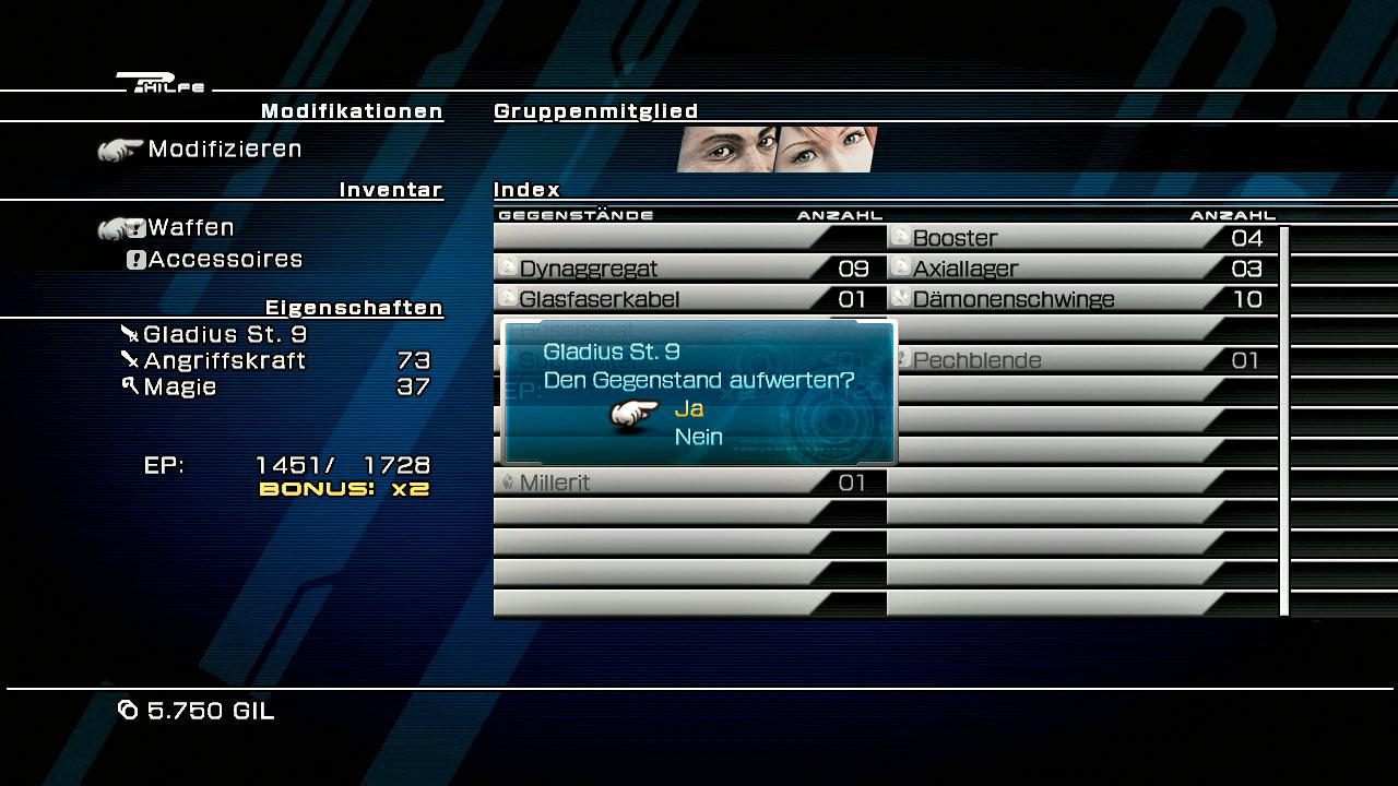 [08/03/2010] Final Fantasy 13-Gundlagentipps: Besser als Recycling - Alle Waffen und Accessoires lassen sich mit Komponenten verbessern. Dadurch wird sogar das älteste Schwert wieder schlagkräftig!