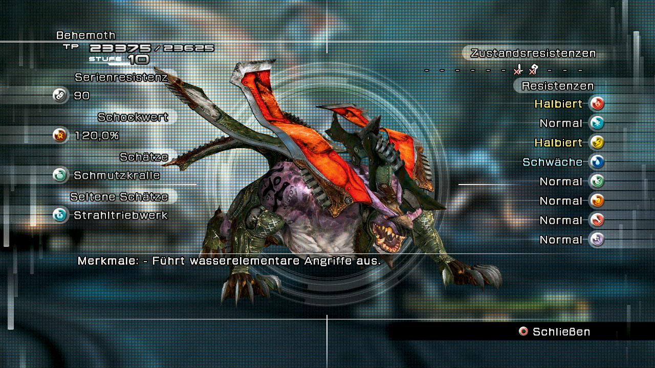 [22/03/2010] Behemoth: Diese Ur-Form des Behemoth ist sogar noch gefährlicher als seine Verwandten der Alpha- und Beta-Version. Durch den sehr geringeren Schockwert von 120 Prozent, bekommt ihr nur sehr schwer Schaden bei ihm unter. Ihr müsst unbedingt seine elementare Schwäche nutzen und ihn Stück für Stück niederringen. Passt dabei auf, dass ihr möglichst immer auf einen vollen Lebensbalken blicken könnt, da sonst sein Aufspießer mit derben 500 Schadenspunkten Frikassee aus euch macht. Alternativ könnt ihr auch auf Protes zurückgreifen, um den erhaltenen Schaden zu mindern. STÄRKEN: Viele HP, sehr schwer zu Schocken, feuer- und blitzresistent - SCHWÄCHEN: Kaum Zustandsresistenzen, wasserempfindlich