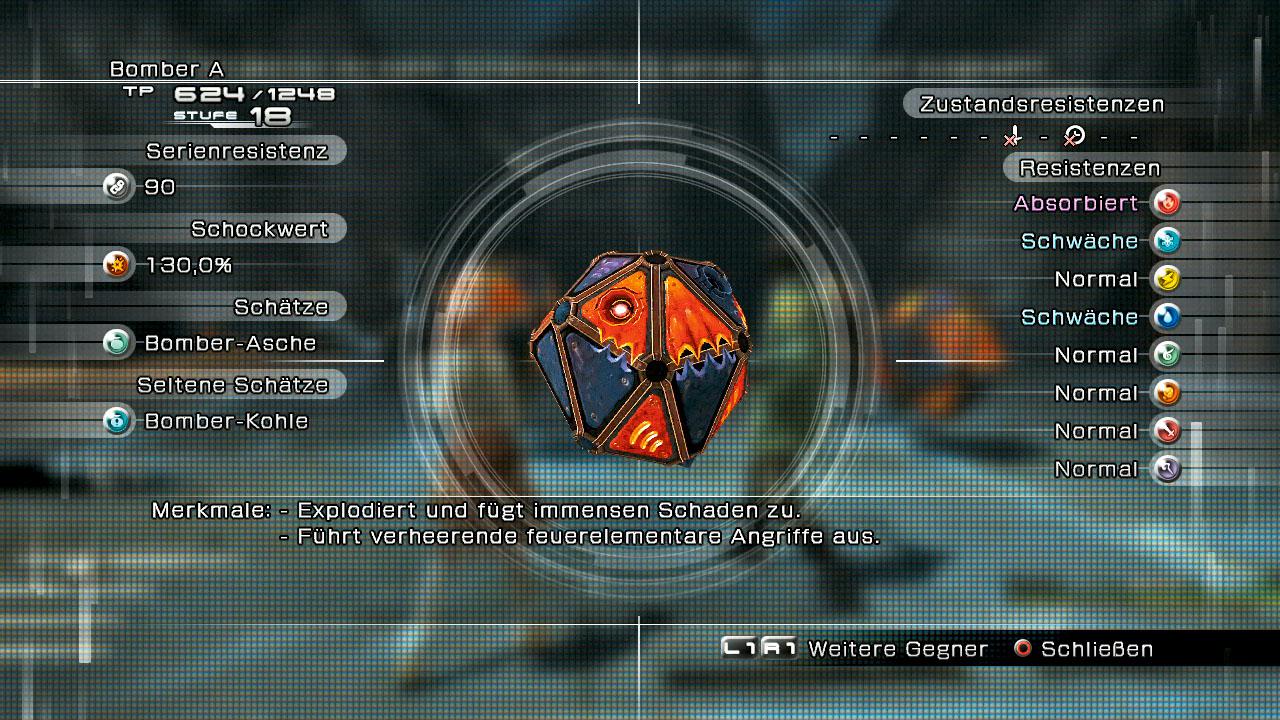 [19/03/2010] Bomber: Der Bomber ist ein echtes Evergreen in Final Fantasy. Vorsicht vor diesen Monstern, sie sind absolut lebensgefährlich und sollten stets euer erstes Ziel sein! Bomber starten mit halbem Lebensbalken und vertragen ohnehin nicht so arg viel. Doch das hat seinen Grund: Wenn sich ein Bomber in die Luft sprengt (und euch mit), hängt sein Schaden von seiner Gesundheit ab. Ihre Möglichkeit sich mit Feuerattacken selbst zu heilen, setzt dem Ganzen noch die Krone auf. Daher besteht eure Aufgabe darin, sie vor der Detonation entweder schnell zu beseitigen oder möglichst stark zu schwächen. STÄRKEN: Absorbiert Feuer, sprengt sich in die Luft - SCHWÄCHEN: Eis- und wasserempfindlich, kaum Zustandsresistenzen