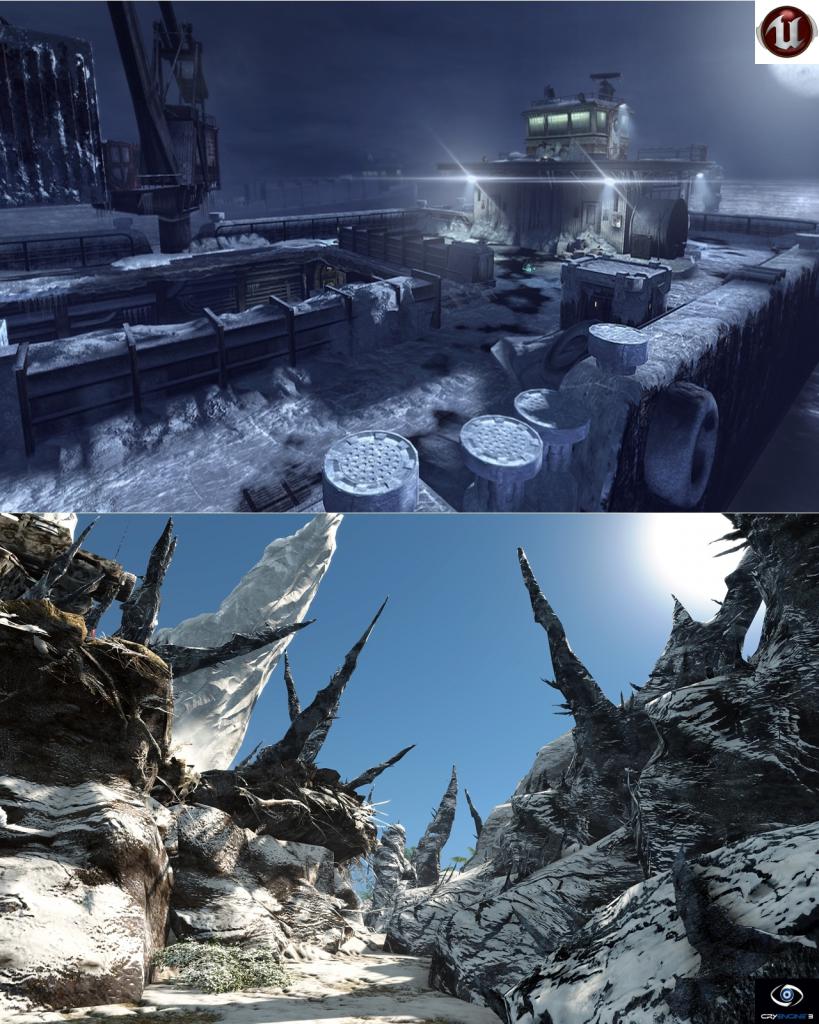 [29/03/2010] Eine Eislandschaft in der Unreal Engine 3 (oben) und CryEngine 3 (unten).