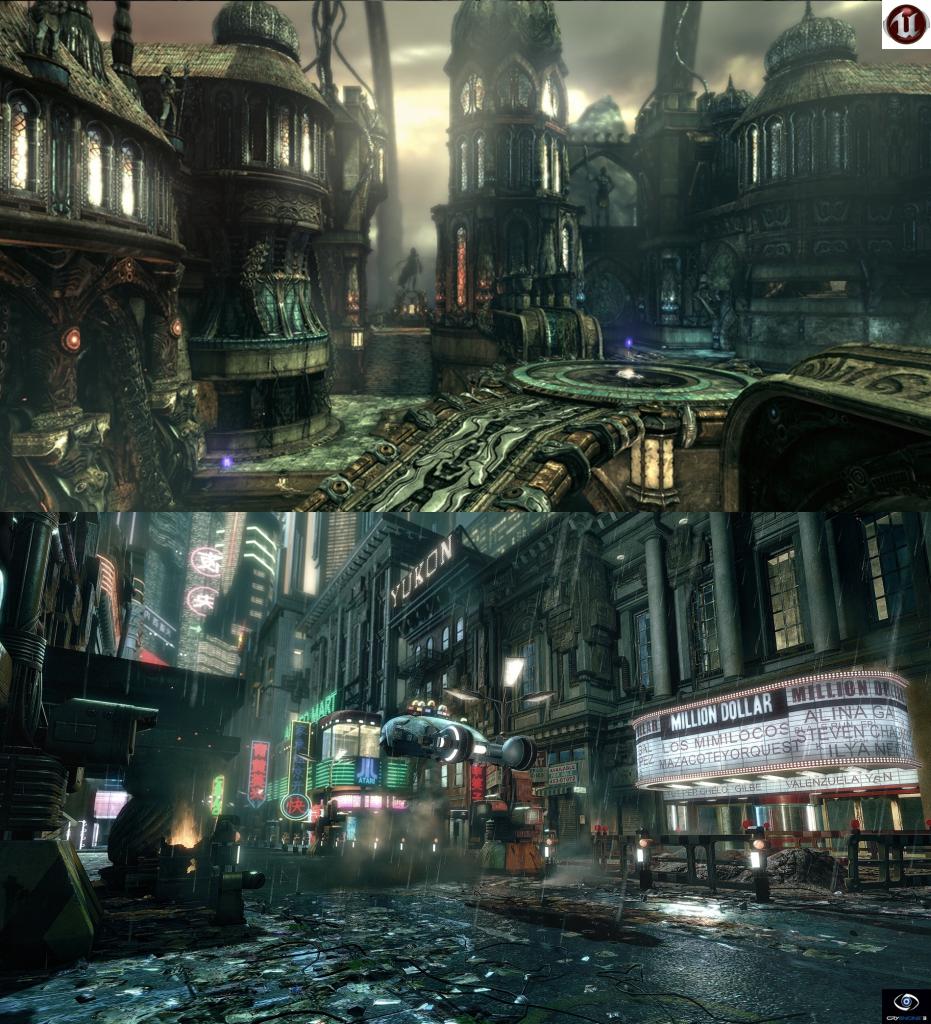 [29/03/2010] Stark beleuchtete Stadt in der Unreal Engine 3 (oben) und CryEngine 3 (unten)
