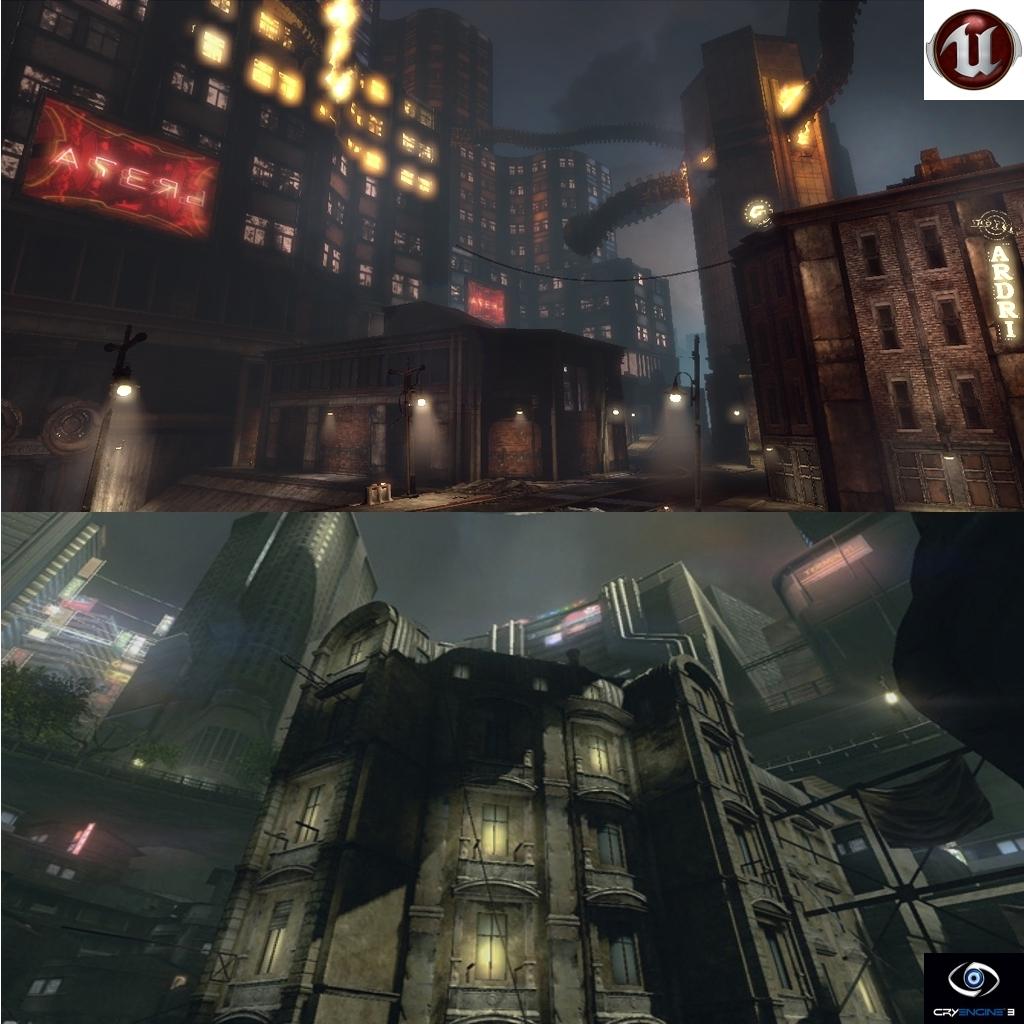 [29/03/2010] Beleuchtetes Gebäude bei Nacht in der Unreal Engine 3 (oben) und CryEngine 3 (unten).