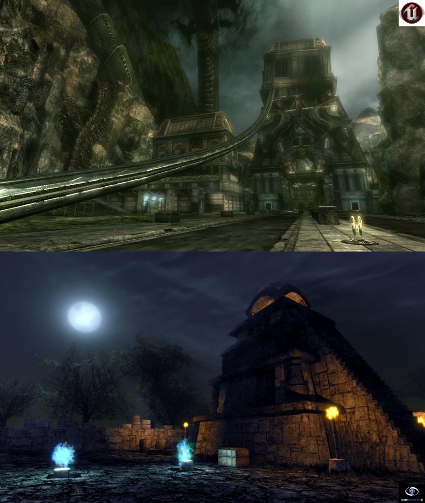 [29/03/2010] Dschungel-Tempel im Mondschein in der Unreal Engine 3 (oben) und CryEngine 3 (unten).