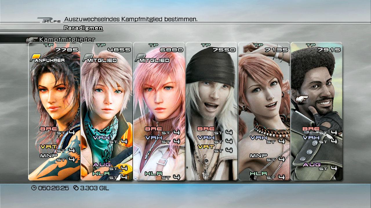 [09/03/2010] Final Fantasy 13-Teamaufstellung: Schaden über alles - In dieser Teamzusammenstellung habt ihr die drei besten Schadensverteiler des Spiels auf einem Fleck. Hope und Lightning können in Verheerer-Form super Serien pushen, während Fang als Brecherin drauf kloppt. Der daraus resultierende Schaden ist enorm und stellt alles andere in den Schatten. Gleichzeitig verfügt ihr sogar über zwei Heiler und der Umstand, dass ihr alle sechs Klassen vertreten habt, macht euch wunderbar flexibel. Somit lassen sich für alle Situationen gute Paradigmen mixen und selbst eine sehr defensive Spielweise ist dank Fang als Verteidiger und Hope als Augmentor denkbar. Hier seid ihr zwingend auf Fang für die Führung angewiesen, da ihre beiden Kameraden noch weniger Lebenspunkte haben.