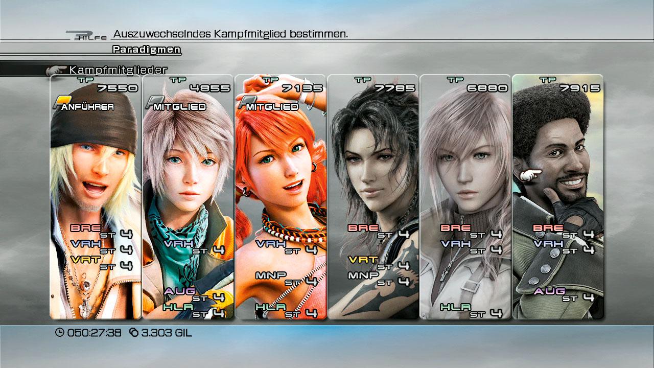 [09/03/2010] Final Fantasy 13-Teamaufstellung: Die Festung - Hier müsst ihr nicht auf den Verteidiger verzichten. Ganz im Gegenteil, denn mit dieser Aufstellung seid ihr super für lange, harte Kämpfe gerüstet. Mit dem geborenen Verteidiger Snow und Hope als Augmentor bekommt der Begriff 