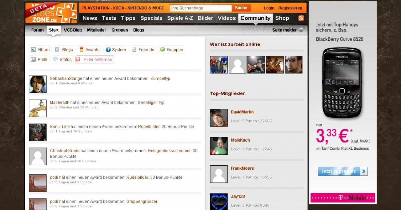 [22/03/2010] Die neue Videogameszone.de: Für Aktionen wie Freunde finden, kommentieren oder das Gründen einer neuen Gruppe bekommt ihr Community-Awards und steigt im User-Rang auf.