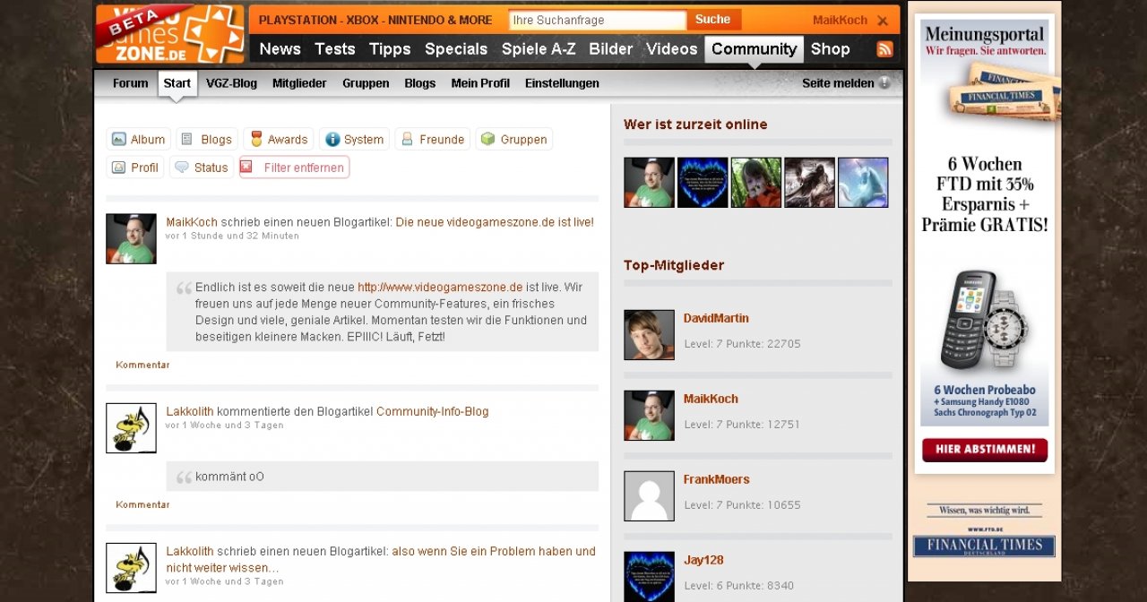 [22/03/2010] Die neue Videogameszone.de: Die Blog-Einträge der User in der Übersicht. Unter 