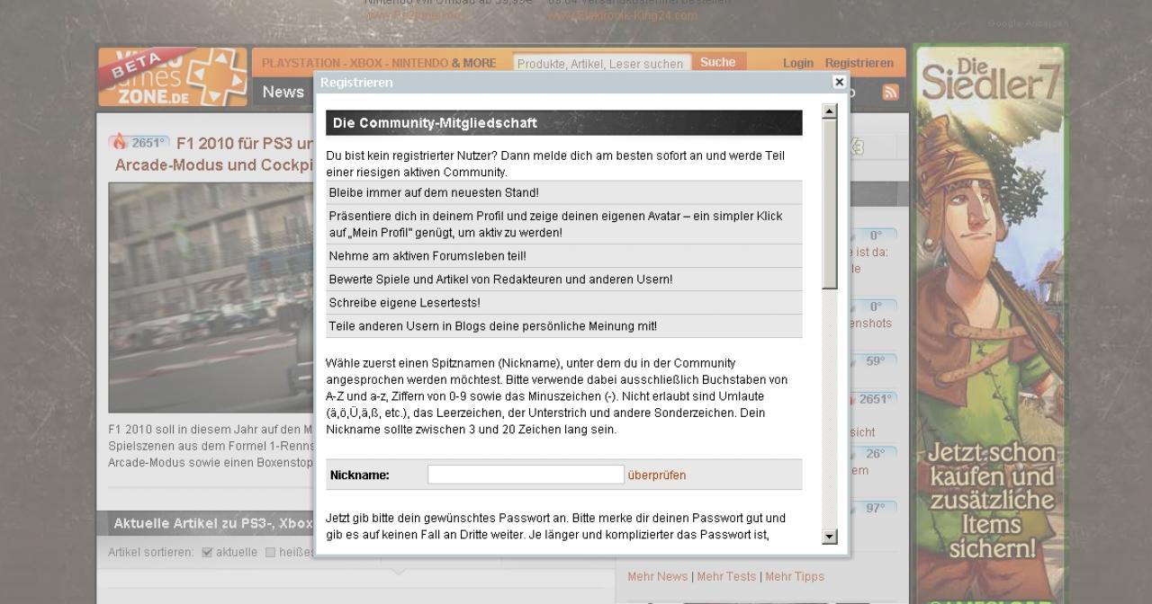 [22/03/2010] Die neue Videogameszone.de: Falls ihr noch nicht angemeldet seid, so nutzt ihr den Restrierungsbutton rechts oben. 