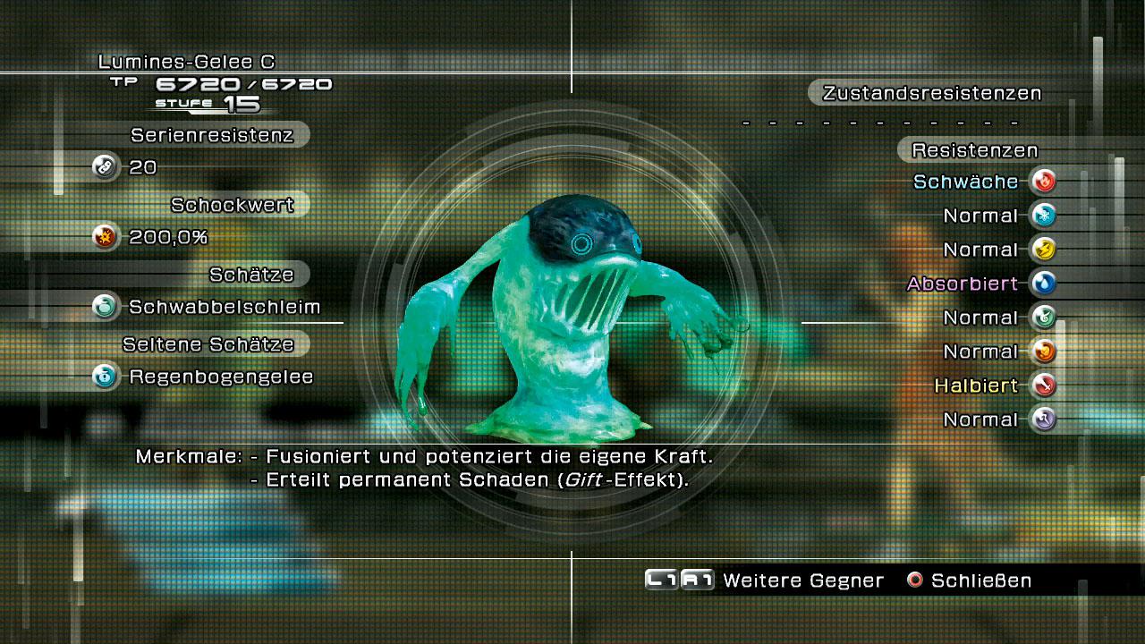 [12/04/2010] Es gibt weitaus Gefährlicheres als Lumines-Gelees, doch lasst jetzt nicht gleich eure Deckung fallen. Die Wabbeldinger können dank der Einverleiben Technik mit einem anderen Exemplar verschmelzen und somit zum Alchemie-Gelee fusionieren. Euch bleiben nur wenige Sekunden nach der Verschmelzung, um das Lumines-Gelee noch fix zu erledigen.- Stärken: Absorbiert Wasser, physische Resistenz, kann vergiften, kann fusionieren- Schwächen: Keine Zustandsresistenzen, feuerempfindlich, leicht zu schocken, wenige HP
