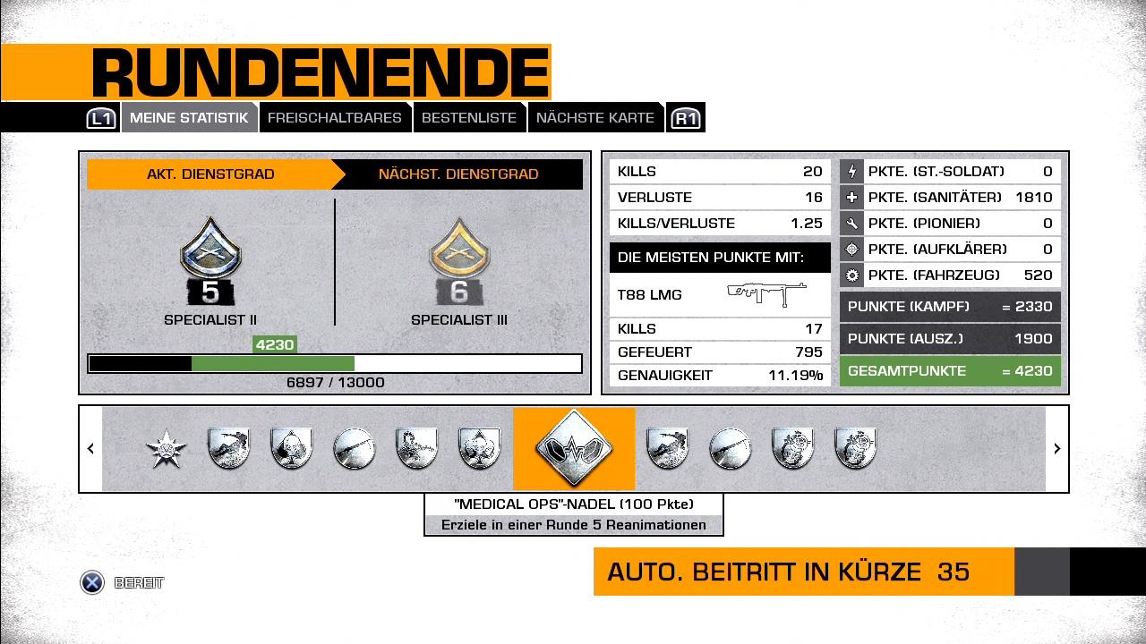 [06/04/2010] Battlefield Bad Company 2 Multiplayer-Test: Auf dem Statistik-Bildschirm seht ihr die fehlenden Erfahrungspunkte bis zur nächsten Beförderung, eure Kills und Punkte sowie die verdienten Nadeln für spezielle Aktionen. Der Rangaufstieg dauert übrigens weitaus länger als bei Modern Warfare 2. 