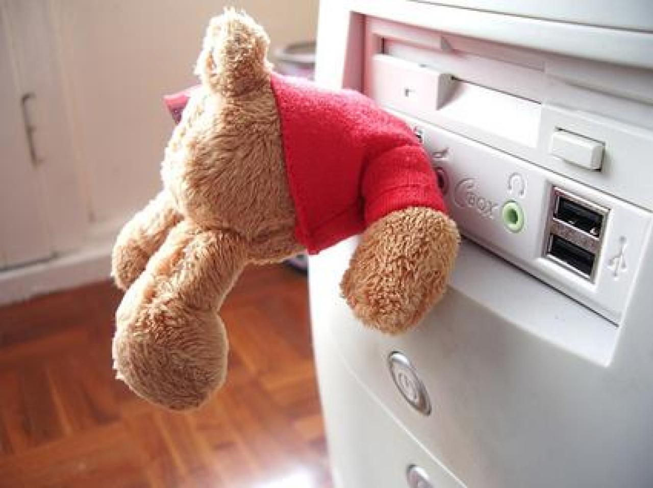 [28/04/2010] USB-Teddy: Der Bär wirft einen Blick in den Rechner. Sein Kopf dient übrigens als USB-Schutzhülle.