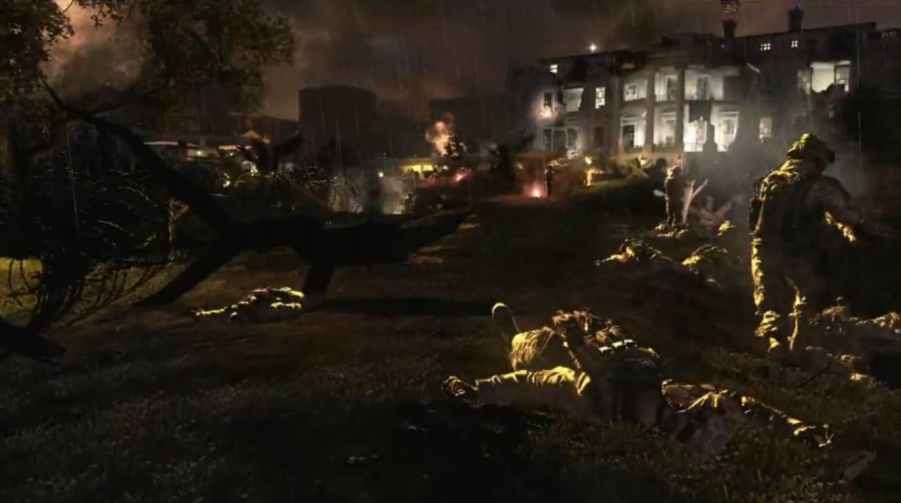 [27/05/2010] Regeneffekte: Modern Warfare 2 - Packende Atmosphäre funktioniert in Modern Warfare 2 auch ohne Regen. In der Mission am Weißen Haus verdichtet der Regen in der Dunkelheit aber das beinharte Gefecht.