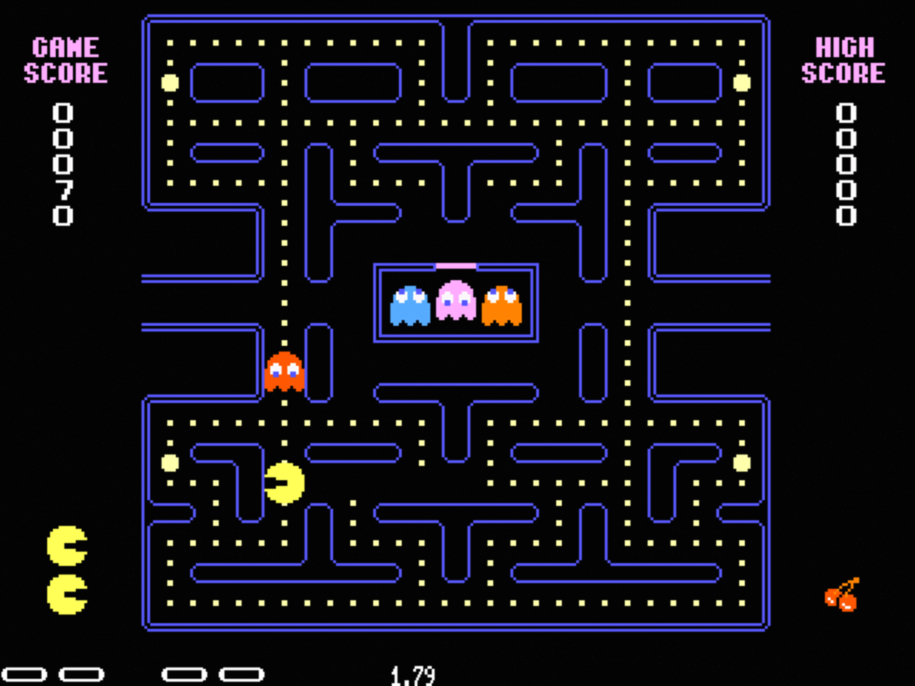 [18/05/2010] Pac-Man ist vermutlich die verfressenste Figur der Videospielgeschichte, denn er isst mit jedem Zentimeter, den er sich fortbewegt. Hauptsächlich ominöse gelbe Punkte (wohlmöglich junge Pac-Mans?). Fürchten muss er dabei einzig und alleine die ihn verfolgenden Geister. Der Verzehr von Kirschen dreht den Spieß allerdings um. Dadurch verwandeln sich die Gespenster nämlich und werden essbar!