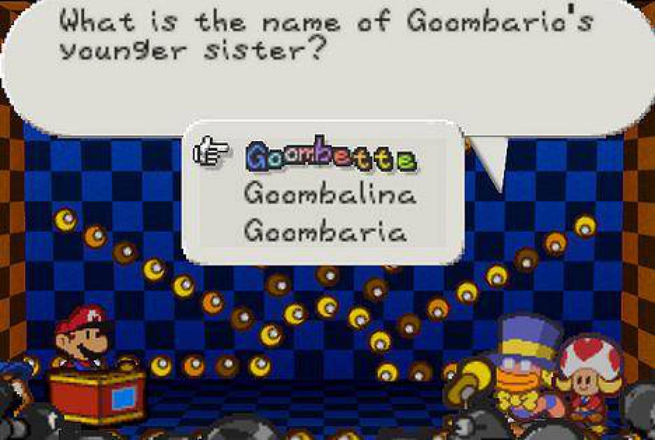 [01/06/2010] Paper Mario - In Paper Mario für das N64 durftet ihr von Zeit zu Zeit an einer Quiz-Show teilnehmen. Ihr beantwortet Fragen über das bisher gespielte Spiel und konntet Items für Paper Mario gewinnen.