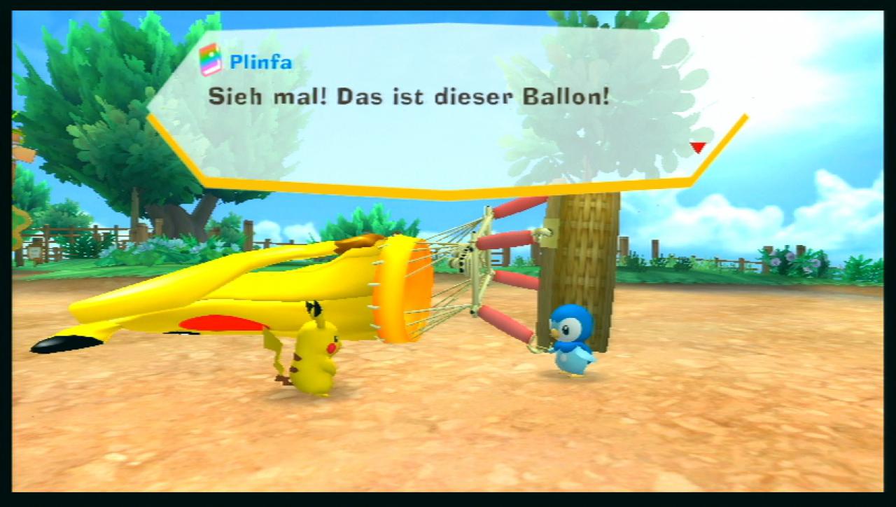 [09/07/2010] PokéPark Wii im Test: Quirlig - Natürlich sind auch Plinfa, Glumanda und Endivie mit im Park und unterstützen euch, wo sie nur können - hier mit einem Ballon.