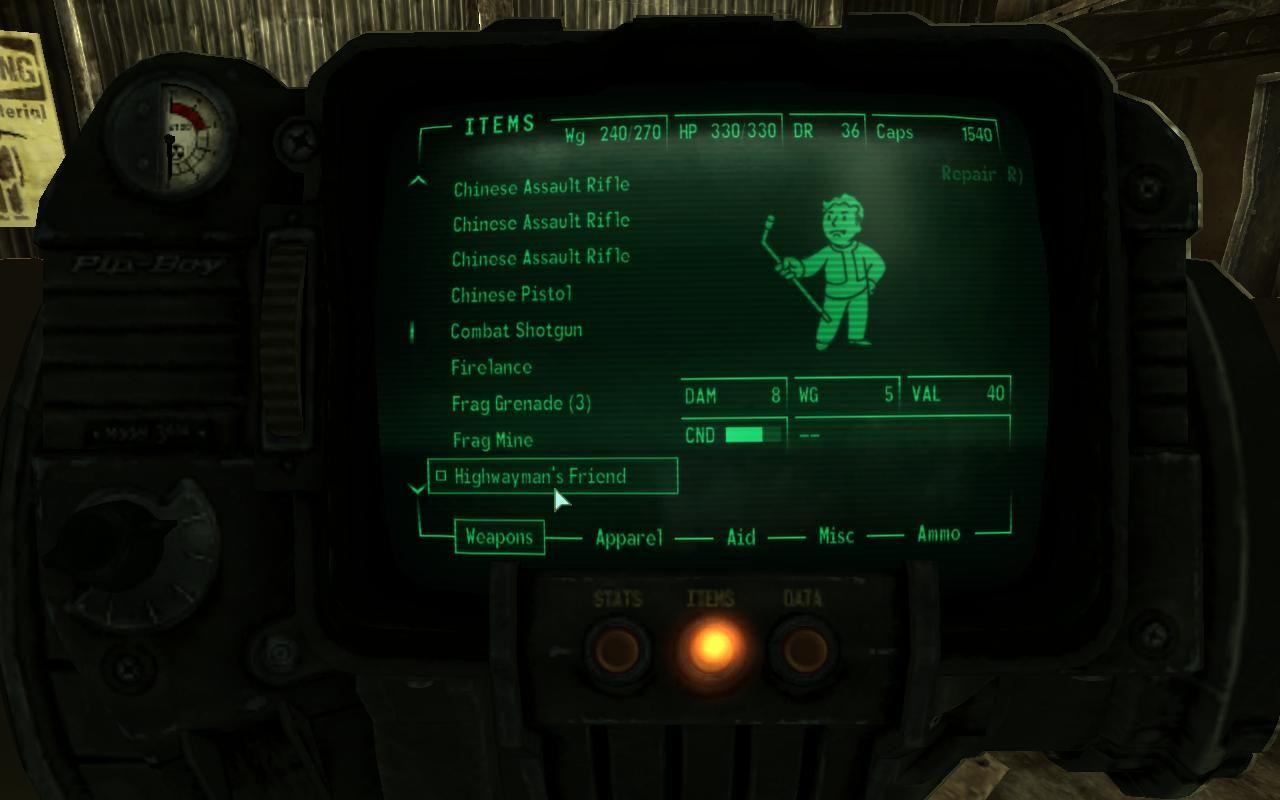 [16/08/2010] (2008) Auch in Fallout 3 kann der Spieler nicht mit unbegrenztem Gepäck durch die Welt reisen. Über das aktuelle Gewicht des Inventars informiert der praktische Handschuh-Computer namens Pipboy 3000.