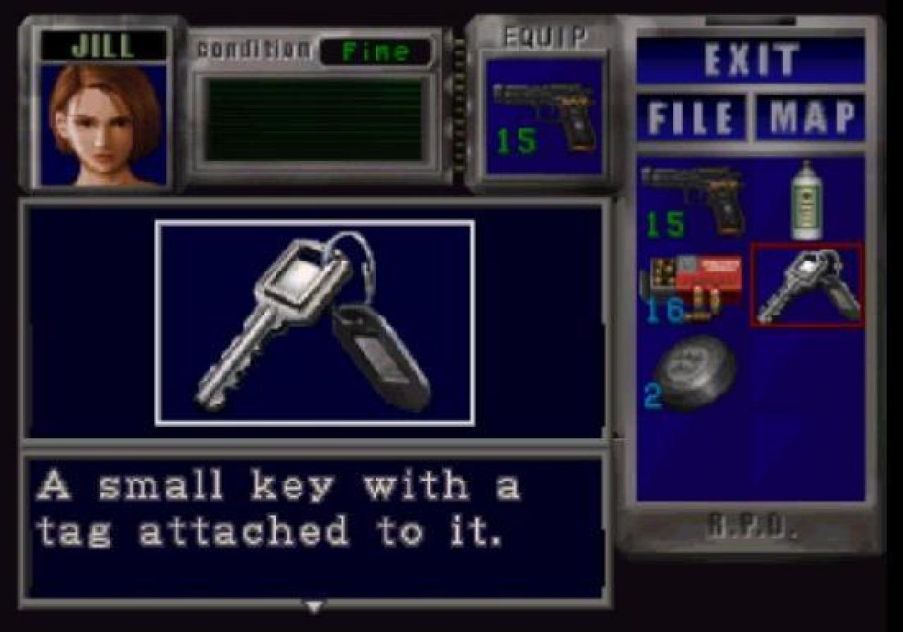 [16/08/2010] (1996) Der reinste Horror: Nicht die Zombies aus Resident Evil sorgten für entsetzte Schreie, sondern die Größe des Inventars. Ganze acht Slots standen dem Spieler zur freien Verfügung. Die restlichen Gegenstände mussten mühselig in den Truhen verstaut werden.