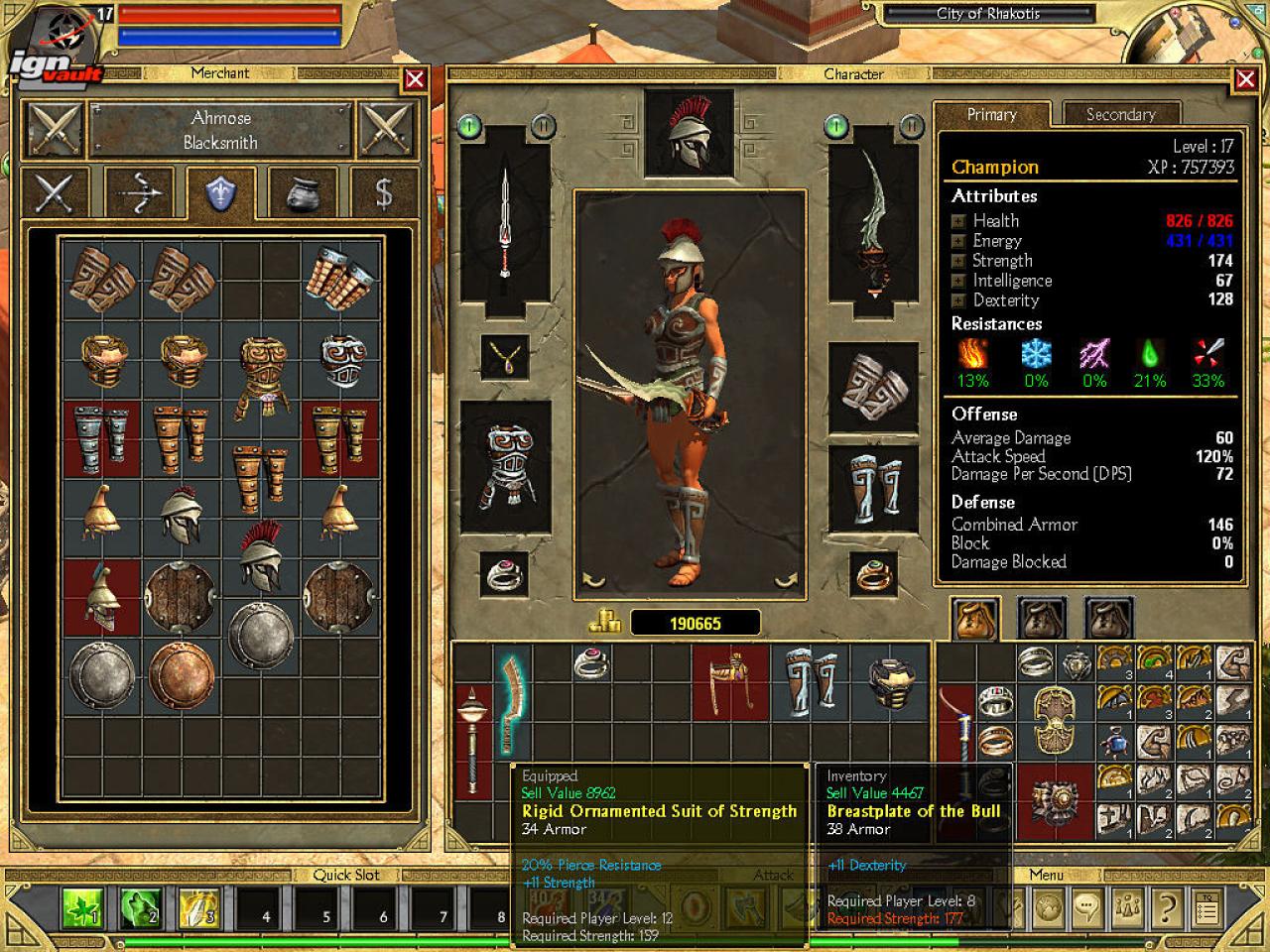 [16/08/2010] (2006) Ist die soeben erbeutete Lederrüstung besser, als meine aktuelle Tunika? In Titan Quest müsst ihr die beiden Gegenstände nicht mühsam von Hand vergleichen. Im Addon führte der mittlerweile insolvente Entwickler Iron Lore außerdem eine praktische Sortierfunktion für Items ein.