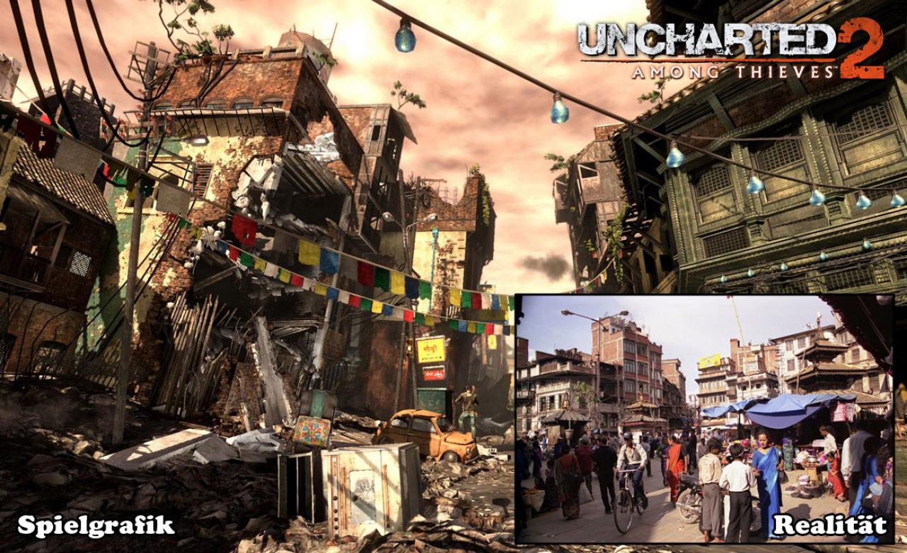 [09/08/2010] Schatzjäger Drake stattet im Verlauf seines aktuellen Abenteuers Uncharted 2 unter anderem Nepal einen Besuch ab. Hauptstadt Kathmandu diente dabei scheinbar als Inspirationsquelle der Entwickler für das Design entsprechender Levelabschnitte.
