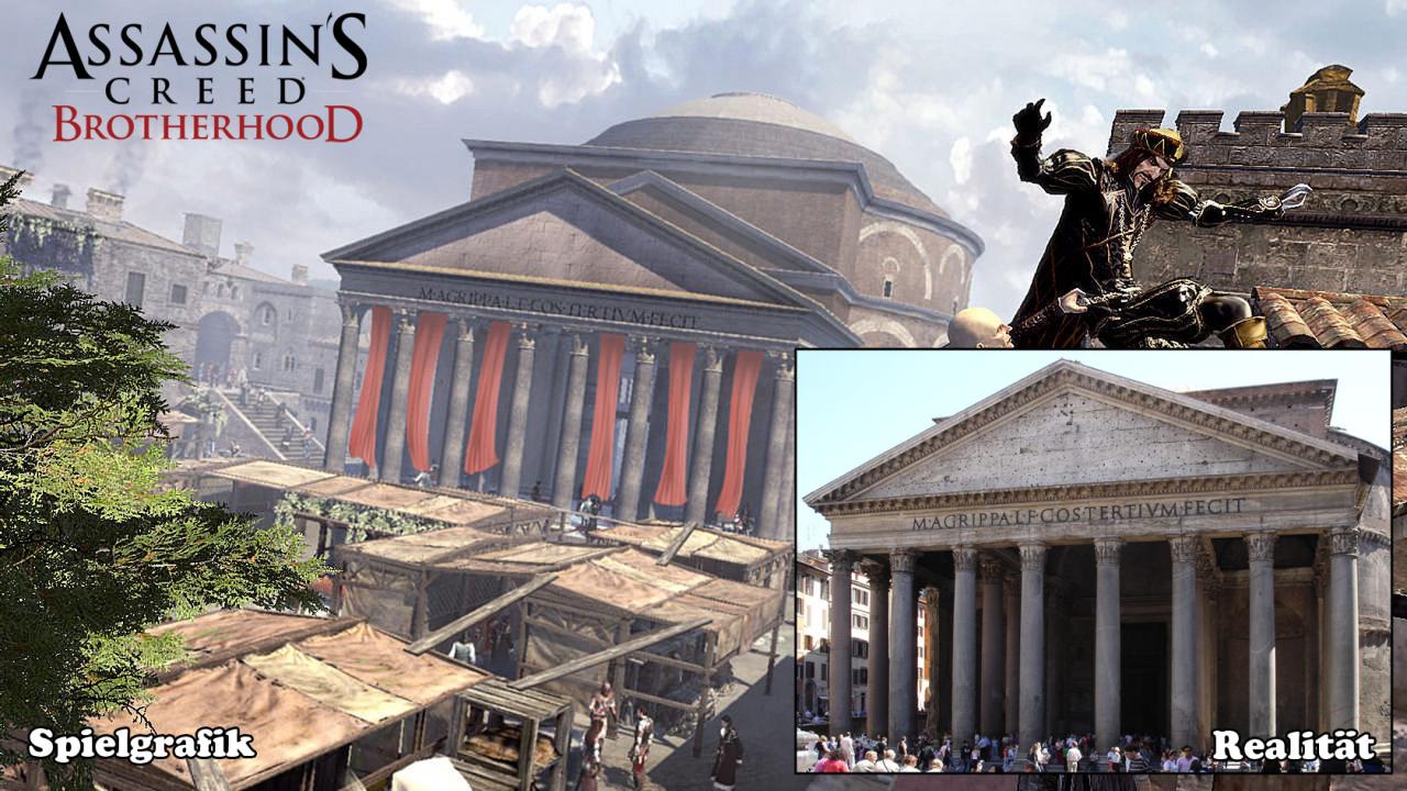 [09/08/2010] Robenträger Eizo beginnt da, wo er aufgehört hat. In Italien versucht in seinem kommenden Abenteuer Assassin's Creed: Brotherhood den Templerbund ein für alle Mal zu zerschlagen. Natürlich finden sich im Spiel bekannte Bauwerke, wie das Pantheon, wieder (siehe Screenshot).