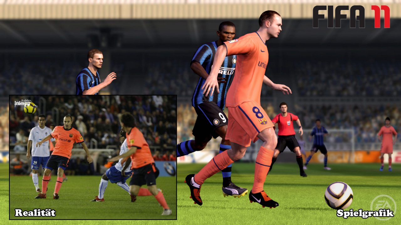 [17/08/2010] Den Hang zum Fotorealismus pflegt Electronic Arts bei ihrer renommierten FIFA-Reihe. Der spanische Kicker Andrés Iniesta sieht seinem realen Vorbild täuschend ähnlich. 