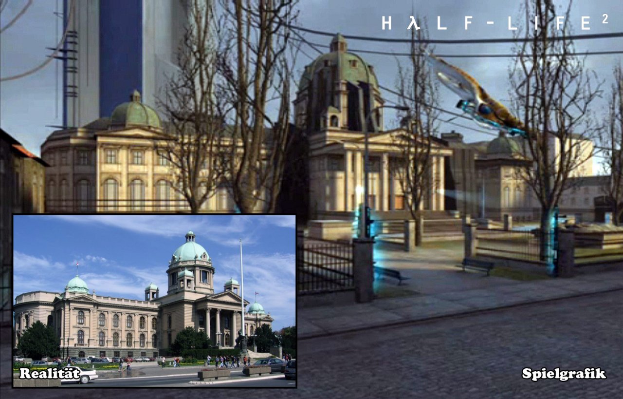 [17/08/2010] Das Parlament der Republik Serbien steht auch in der fiktiven Metropole City 17 (Szene aus Half-Life 2).