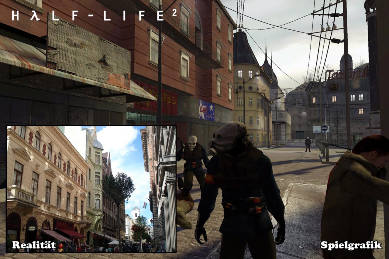 [17/08/2010] Der Architekturstil von City 17 weist erstaunliche Parallelen zu osteuropäischen Großstädten Budapast, Sofia und Prag auf (Szene aus Half-Life 2).