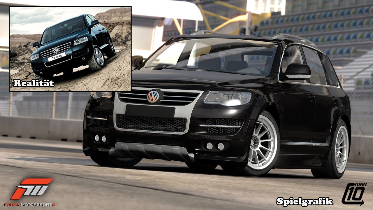 [17/08/2010] Auf dem Weg zum Fotorealismus: Der Fuhrpark aus Forza 3 kann sich optisch sehen lassen. Im Bild: VW Touareg.