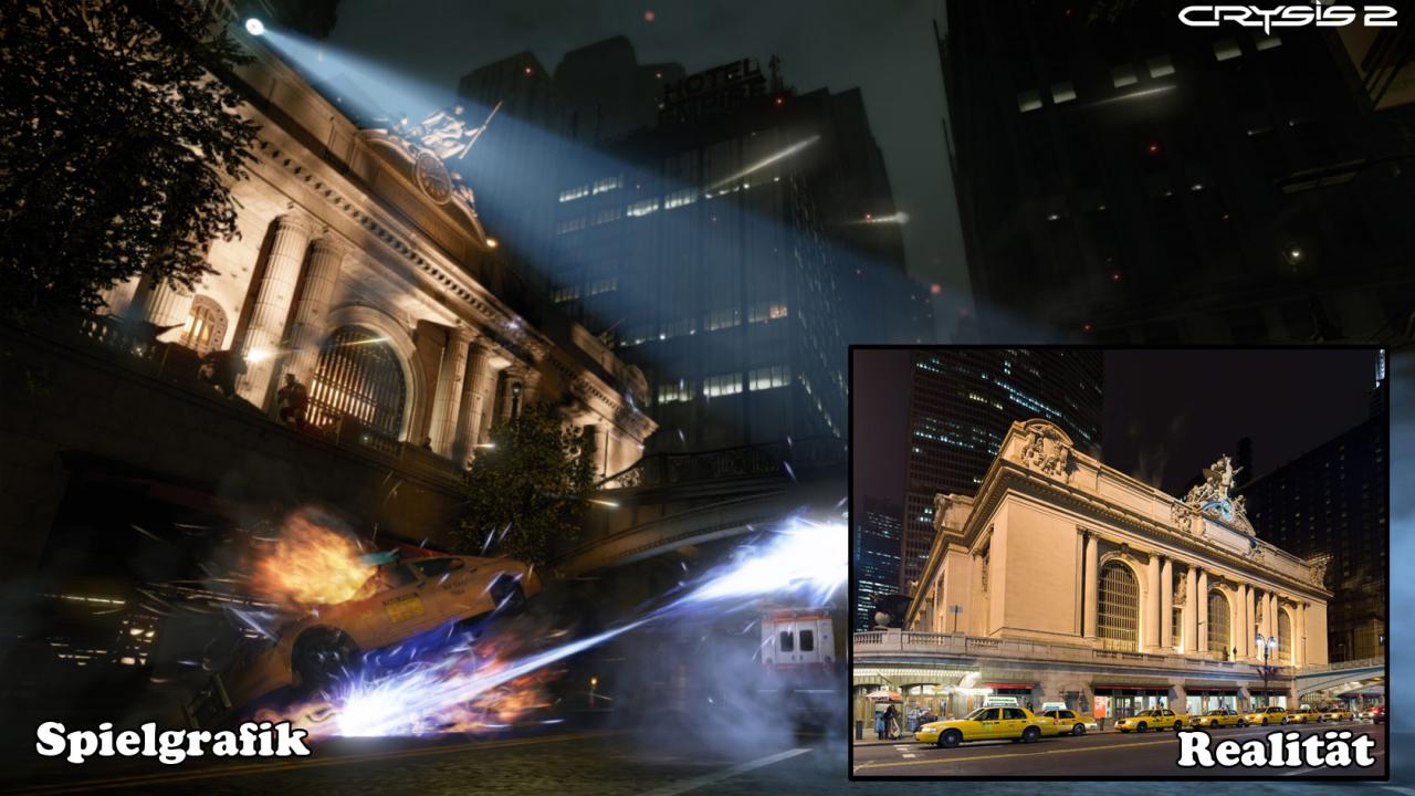 [09/08/2010] Tropische Inseln sind von gestern. In Crysis 2 verschlägt es den Spieler in die Millionenmetropole New York. Die Entwickler haben sich alle Mühe gegeben, sämtliche Sehenswürdigkeiten der Stadt detailgetreu nachzubilden. Auf den Bildern zu sehen: Die Grand Central Station.