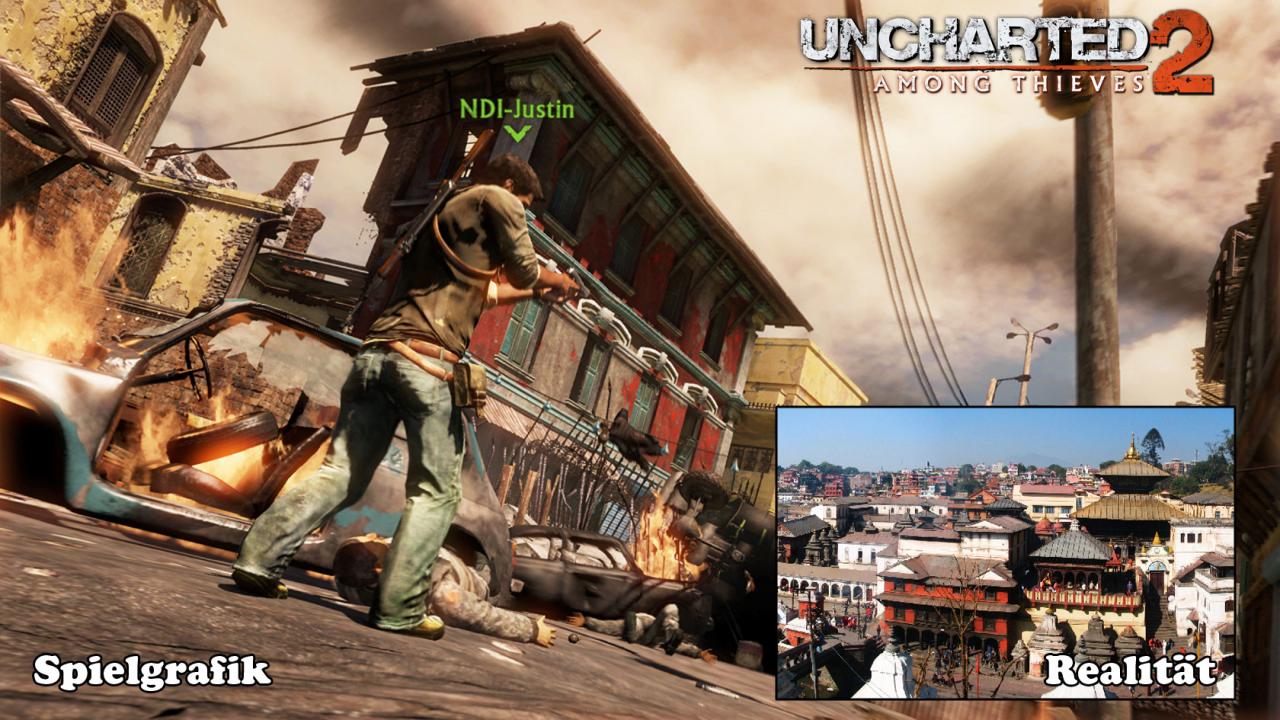 [09/08/2010] Man achte einmal auf das rotfarbige Gebäude im Hintergrund (Szene aus Uncharted 2).