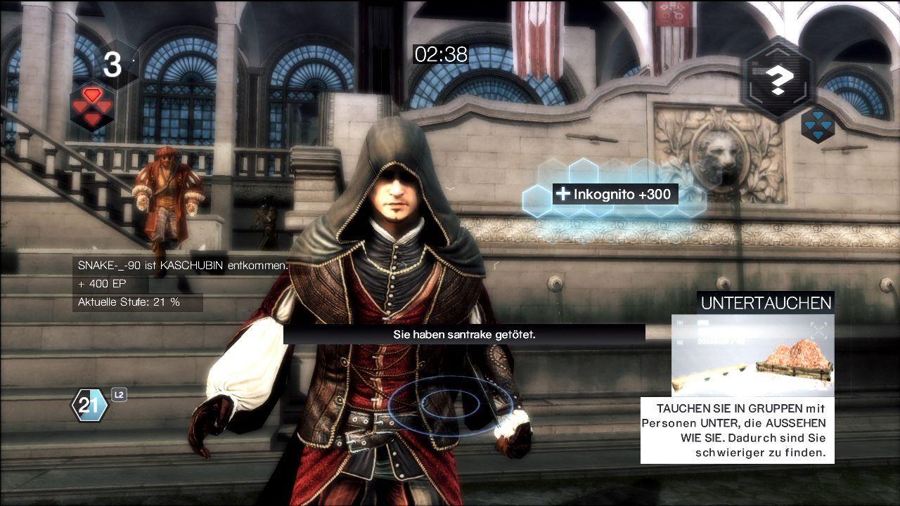 [27/09/2010] Einem ähnlichen Prinzip folgt auch die Assassin's Creed-Reihe. Die Abenteuer von Altair, Ezio und co. sind im Grunde genommen nichts anderes als ein Spiel im Spiel, denn eigentlich steuert ihr Desmond Miles, der wiederum Ezio und Konsorten kontolliert. Der Multiplayer-Modus wird ganz und gar als Templer-Trainingssimulation verkauft.
