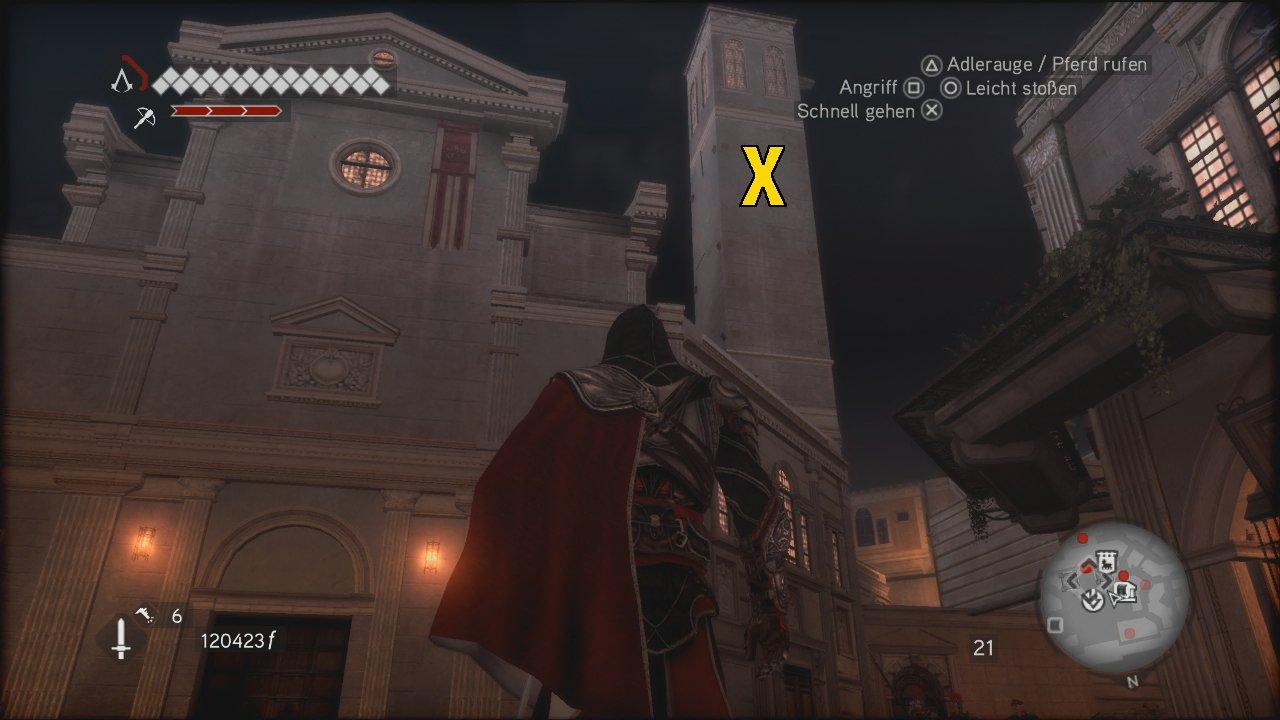 [16/11/2010] Assassin's Creed: Brotherhood Komplettlösung: Glyphen-Rätsel Nr. 4: Euer nächster Anlaufpunkt ist der Turm dieser Kirche ganz im Norden Roms. Klettert auf das Dach der Kirche und springt von dort an die Metallhalterung des Turmes. (2)